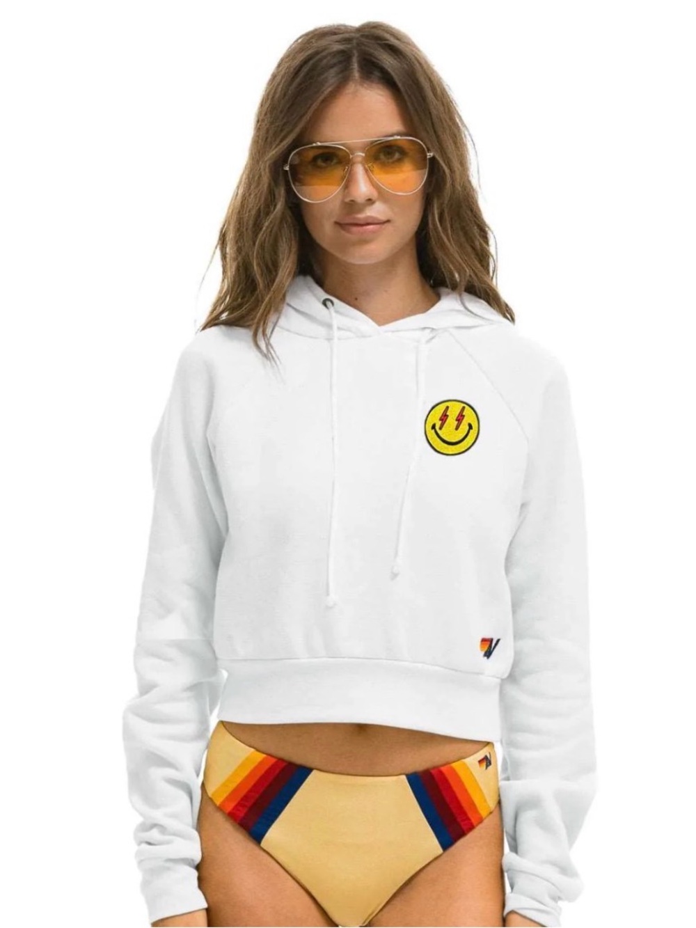 Aviator Nation White Cropped Hoodie with Yellow Smiley Bolt Patch